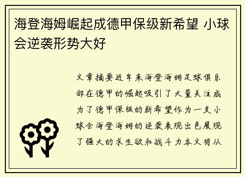 海登海姆崛起成德甲保级新希望 小球会逆袭形势大好 海登海姆崛起成德甲保级新希望 小球会逆袭形势大好