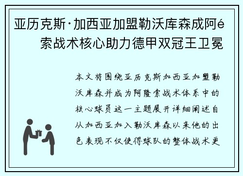 亚历克斯·加西亚加盟勒沃库森成阿隆索战术核心助力德甲双冠王卫冕 亚历克斯·加西亚加盟勒沃库森成阿隆索战术核心助力德甲双冠王卫冕